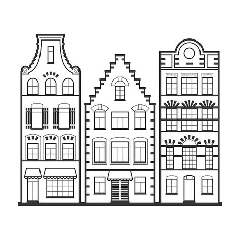 House Doodle, Paper House Template, Christmas Window Painting, Window Drawing, Amsterdam Houses, House Template, Dutch House, Building Drawing, House Sketch