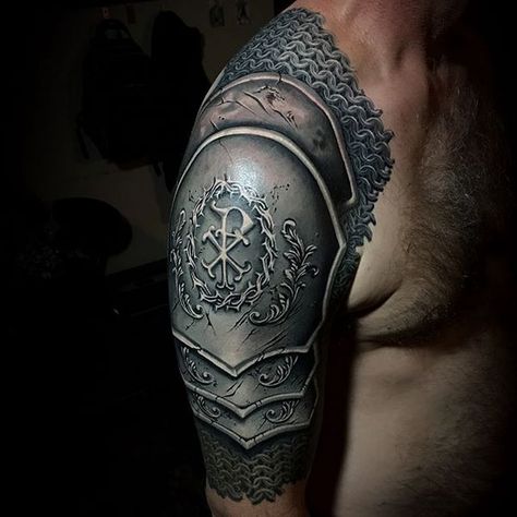 exceptional shoulder tattoos realistic armor with chainmail design Armor Arm Tattoo, Tattoo Sholders, Armor Sleeve Tattoo, Shoulder Piece Tattoo, Armor Shoulder, Armour Tattoo, Shoulder Armor Tattoo, Body Armor Tattoo, Armor Designs