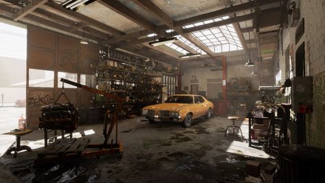 ArtStation - California Garage- Interior Day, Garrick Ho Burnout Paradise, Mechanic Engineering, Vintage Mechanics, Cinematic Shots, Mechanic Shop, Warehouse Design, Car Workshop, Old Garage, Mechanic Garage