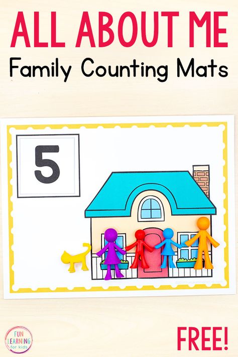 All about me counting mats math activity for preschool, pre-k, and kindergarten math centers. My Family Activity Kindergarten, Preschool Me And My Family, Community Math Activities Preschool, Cognitive Activities Family Theme, Family Centers For Preschool, Family And Friends Preschool Activities Math, All About Me Math Kindergarten, All About My Classroom Preschool, Prek My Family Activities