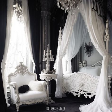 White And Black Aesthetic Bedroom, White Gothic Home Decor, White Gothic Room, White Goth Decor, White Goth Bedroom, White Gothic Bedroom, White Goth Room, White Gothic Aesthetic, White Gothic Decor