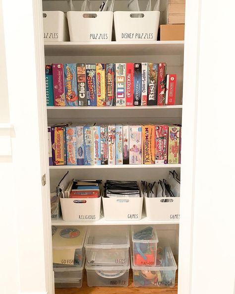 Board Game Storage Closet, Closet Game Storage, Craft And Game Closet Organization, Game Room Closet Organization, Family Game Organization, How To Organize Games And Puzzles, Storing Games Organization Ideas, Board Game Closet Organization, Game Board Organization