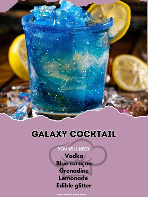 🌌🍹 Explore the cosmos with a Galaxy Cocktail! #GalaxyCocktail #CosmicSips Galaxy Cocktail Ingredients: Vodka (1.5 oz) Blue curaçao (0.5 oz) Grenadine (0.25 oz) Lemonade (3 oz) Edible glitter (for garnish) Ice (for shaking) Lemon twist (for garnish) Instructions: Fill a shaker with ice, vodka, blue curaçao, and lemonade. Shake well and strain into a glass. Drizzle grenadine slowly for a gradient effect. Add a sprinkle of edible glitter and garnish with a lemon twist. ✨🌠 Enjoy this mesmeriz... Glitter Drink Recipe, Starry Cocktail, Mexico Drinks, Lemonade Shake, Drink Essentials, Galaxy Cocktail Recipe, Galaxy Cocktail, Glitter Cocktails, Celestial Party