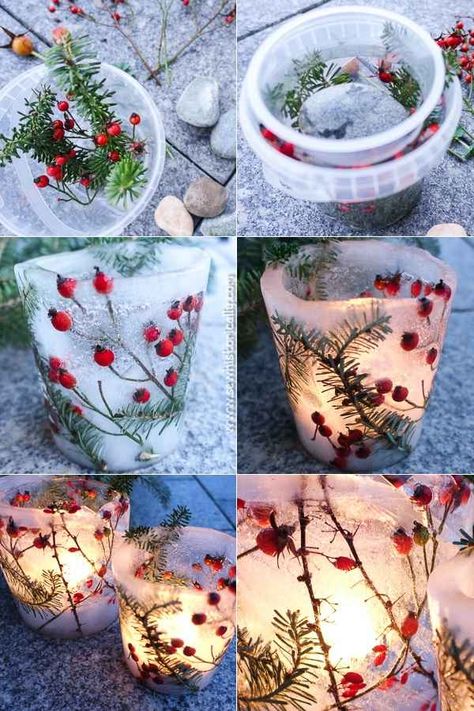 DIY Ice Luminaries - Tutorial - Sew Historically Ice Lanterns Christmas, Ice Lanterns How To Make, Ice Candles Diy, Ice Globe Lanterns, Ice Luminaries, Ice Decorations, Ice Decor, Ice Candles, Ice Lanterns