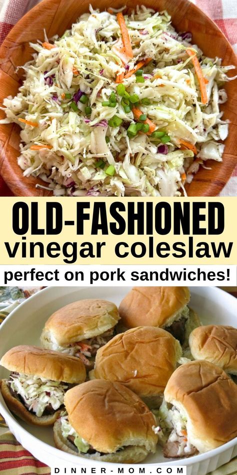 Make the best Old-Fashioned Coleslaw with Vinegar Dressing. No mayo is needed to make this easy homemade recipe in 10 minutes! Serve it over pulled pork or chicken sandwiches, burgers, and hot dogs.  It's a go-to recipe for summer barbecues, picnics, and potlucks. This Southern coleslaw has a sweet dressing with a tangy burst of flavor from apple cider vinegar. It's light and fresh with a nice crunch from cabbage and carrots. Get the recipe, ideas to customize, and more at Dinner-Mom.com. Pioneer Woman Cole Slaw Recipe, Pulled Pork Sandwich Coleslaw Recipe, Vinegar Coleslaw Recipe Pulled Pork, Vinegar Cole Slaw Recipes, Coleslaw With Poppy Seed Dressing, Hamburger Slaw Recipe, Coleslaw Recipe For Pulled Pork No Mayo, Easy Coleslaw Recipe For Pulled Pork, Jalepeno Slaw For Pulled Pork