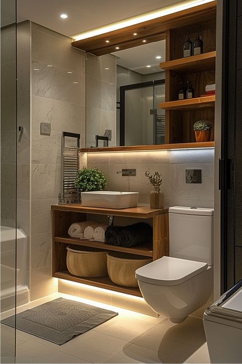 Modern Bathroom Design for Small Spaces: Maximizing Function and Style - Quiet Minimal Small Bathroom With Window Ideas, Moodboard Bathroom Inspiration, Small Square Bathroom Ideas, Toilet Modern Design, Small Bathrooms Designs, Small Modern Bathroom Design, Small Modern Bathroom Ideas, Spa Like Bathroom Ideas, Narrow Bathroom Ideas