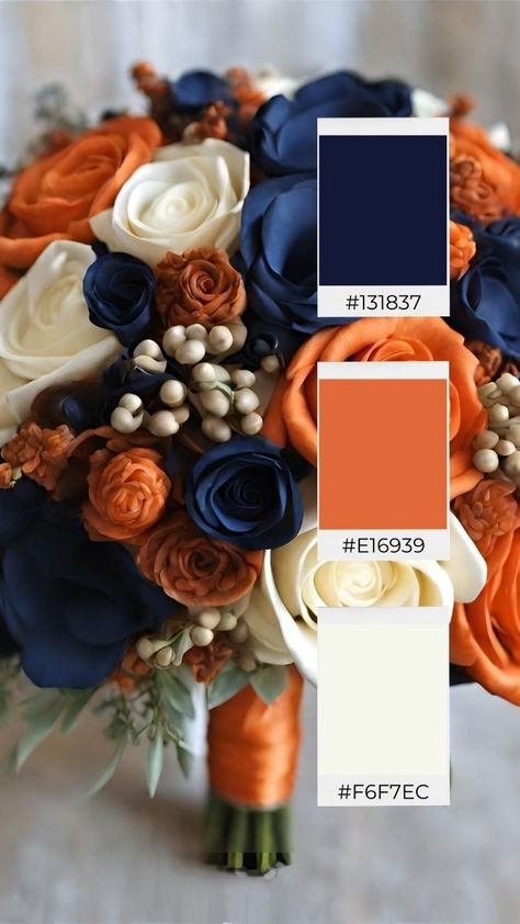 Wedding Schemes Colour Palettes Summer, Navy Blue Green Gold Wedding, Navy Blue Orange Color Palette, Burnt Orange Navy Wedding, Navy And Orange Wedding Cake, Wedding Colors With Orange, Royal Blue And Burnt Orange Wedding, Fairytale Palette, Navy Blue And Orange Wedding