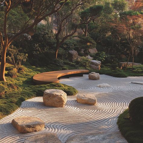 Create a peaceful retreat with a Japanese-inspired Zen garden. Featuring raked gravel, carefully placed rocks, and a tranquil water feature, this minimalist design offers the perfect setting for mindful meditation and contemplation. #ZenGarden #MindfulLiving #JapaneseAesthetics #OutdoorSerenity Zen Garden Entrance, Zen Garden Meditation Space, Zen Garden Bench, Courtyard Zen Garden, Japanese Garden Design Modern, Asian Garden Japanese Style, Buddha Landscape, Japanese Garden Aesthetic, Japandi Garden