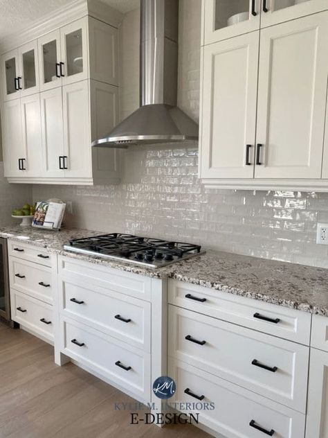 The Best Backsplash Ideas to Update a 2000s Home (Granite Counters): PART 2 - Kylie M Interiors White Cabinet Grey Granite Countertop, Granite Counter With Tile Backsplash, White Springs Granite With Backsplash, White Cabinets With White Granite, White Kitchen Cabinets With Dark Granite Countertops, Subway Tile With Granite Countertops, Granite Countertops With White Cabinets Farmhouse, White Kitchen Countertops Granite, Matching Granite Counter And Backsplash