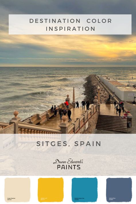 #myDEcolor #DEcolortrends  #DEColorjourney #Spain #SitgesSpain #Travel #colorpalette #colorinspiration #destinationcolorinspiration #stormyseas #colorscheme #springcolors Spanish Color Palette, Spanish Colors, Stormy Seas, Dunn Edwards, Stormy Sea, Dunn Edwards Paint, Sitges, Amazing Travel Destinations, In The Clouds