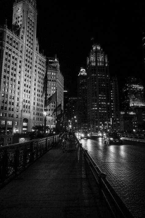 My husband and I were on our way home from dinner while in Chicago.  I just loved the highlights and shadows sweeping through the streets and off the buildings.  This is downtown Chicago at night.  It is absolutely beautiful and full of life.  We have this photo hanging in our hallway.  I printed it in a 16x24 and custom framed it with a white mat and black frame.   Your prints are printed on E-Surface  photographic paper. Accurate color, lifelike skin tones, archival quality and a traditional photo finish are just a few reasons why people  love E-Surface Prints. Chicago Wallpaper, Aesthetic Chicago, Chicago Buildings, Chicago At Night, Black And White City, Photos Aesthetic, Black And White Picture Wall, Night Photo, Black And White Wall