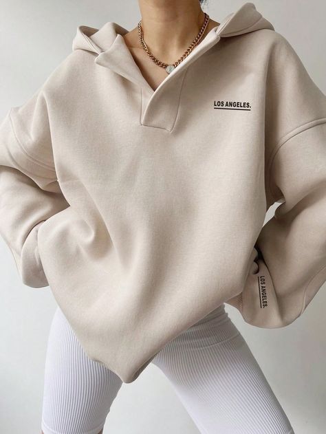 Apricot Casual Collar Long Sleeve Fabric Letter Pullovers,Half Placket Embellished Slight Stretch  Women Clothing Overall Jumper, Basic Sweaters, Winter Pullover, Trendy Winter, Estilo Chic, Basic Long Sleeve, Loose Sweater, Beige Sweater, Cozy Sweatshirts