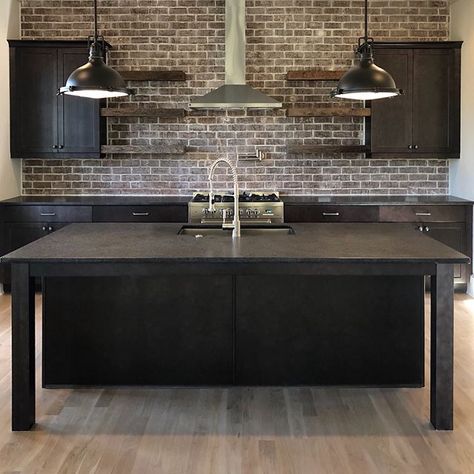 Brick Backsplash Ideas Kitchen Brick Backsplash Ideas, Kitchen Brick Backsplash, Brick Backsplash Ideas, Wood Kitchen Shelves, Kitchen With Dark Cabinets, Kitchen Brick, Cherry Wood Kitchen Cabinets, Brick Backsplash Kitchen, Backsplash With Dark Cabinets