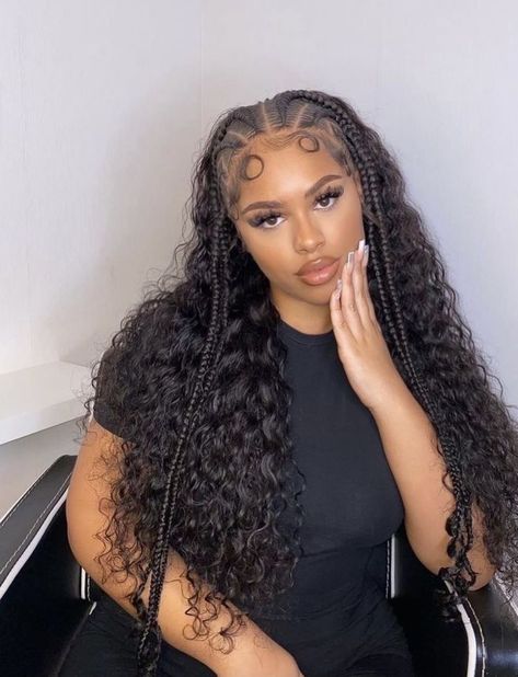 Braids In Front With Curly Hair, Braids In The Front Curly In The Back, Braids Going To The Back With Curls, Braids Front Curly Back, Feed In Half Up Half Down Weave, Braided Curly Hairstyles For Black Women, Curly Sew In With Braids, Half Up Half Down Braids With Curls, Weave With Braids On Top