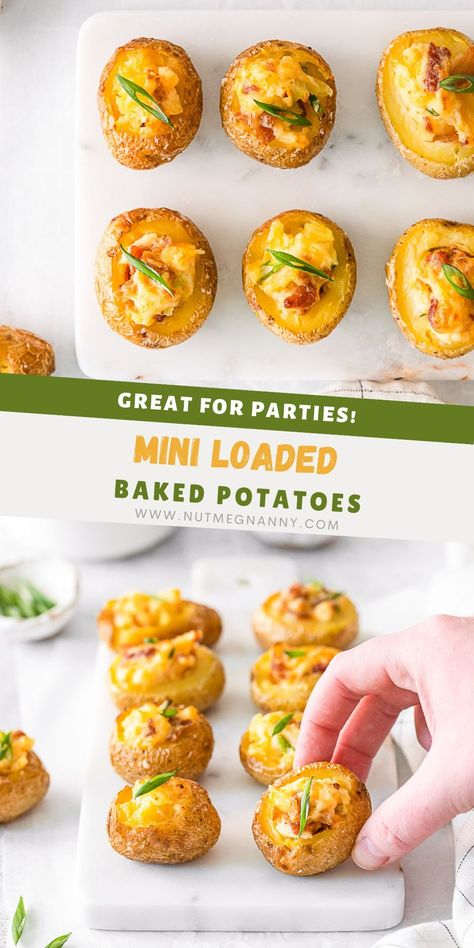 These mini loaded baked potatoes are the perfect serving of creamy twice baked small potatoes, stuffed with butter, sour cream, melty cheese, and chives. Twice Baked Potato Butter Balls, Baked Small Potatoes, Best Baked Sweet Potato, Potato Poppers, Tailgate Party Food, Potatoes Stuffed, Potato Appetizers, Small Potatoes, Mini Potatoes