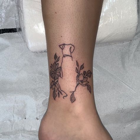 Dog Memorial Tattoos Flowers, Basset Hound Memorial Tattoo, Labrador Tattoos For Women, Dog Silhouette Tattoo With Flowers, Flowers And Dog Tattoo, Dogs And Flowers Tattoo, Pet Flower Tattoo, Dog And Plant Tattoo, Dog Print With Flowers Tattoo