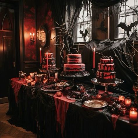 Vampire Dinner Table, Vampire Theme Halloween Decorations, Chic Halloween Wedding, Spooky Glam Decor, Vampire Tablescape, Vampire Party Ideas Decoration, Goth Sweet 16 Party Ideas, Vampire Tea Party, Vampire Ball Party