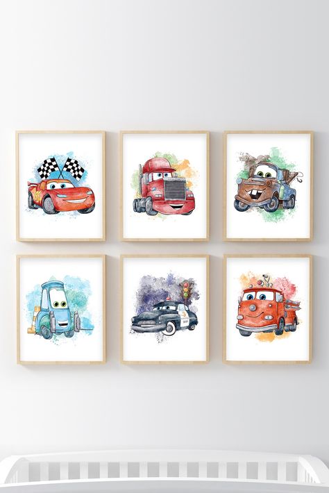 Cars Movie Boy Room Wall Art Cars Playroom Ideas, Disney Cars Toddler Bedroom, Cars Theme Room Boys Disney, Lightning Mcqueen Nursery, Cars Theme Room Boys, Pixar Cars Nursery, Cars Theme Bedroom Boys, Disney Cars Toddler Room, Cars Themed Room Boys