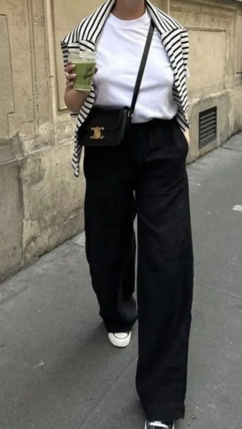 Black Trousers and Sneakers Outfits Black Linen Trousers Outfit, Trousers And Sneakers Outfit, Pin Stripe Pants Outfit, Black Trousers Outfit Casual, Black Slip Skirt Outfit, Casual Trousers Outfit, Stripe Tee Outfit, Quiet Luxury Outfits, Linen Trousers Outfit