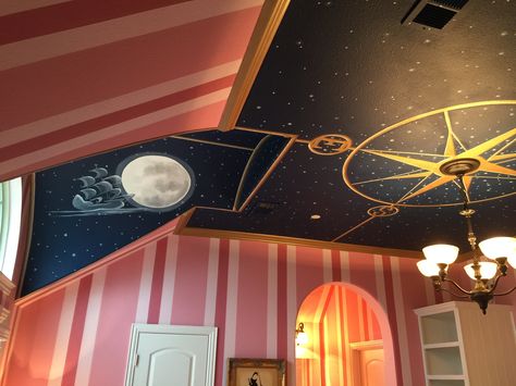 Neverland Playroom, Peter Pan Room, Playroom Aesthetic, Adult Disney Bedroom, Disney Airbnb, Kawaii Nursery, Peter Pan Bedroom, Mural Ceiling, Planet Nursery