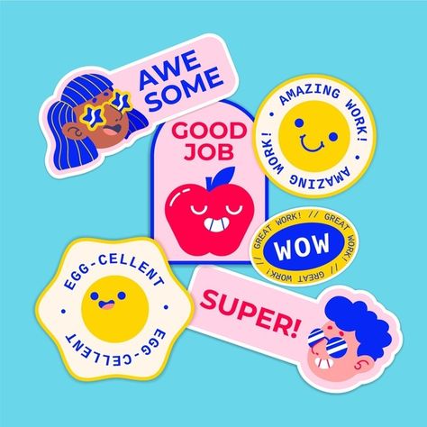 Pack of great job and good job stickers | Free Vector #Freepik #freevector #quote #text #congratulations #sticker Desain Tote Bag, Sticker Design Inspiration, Inspiration Logo Design, Stickers Design, Flyer Design Inspiration, 강아지 그림, Design Brochure, Marca Personal, Personalized Stickers