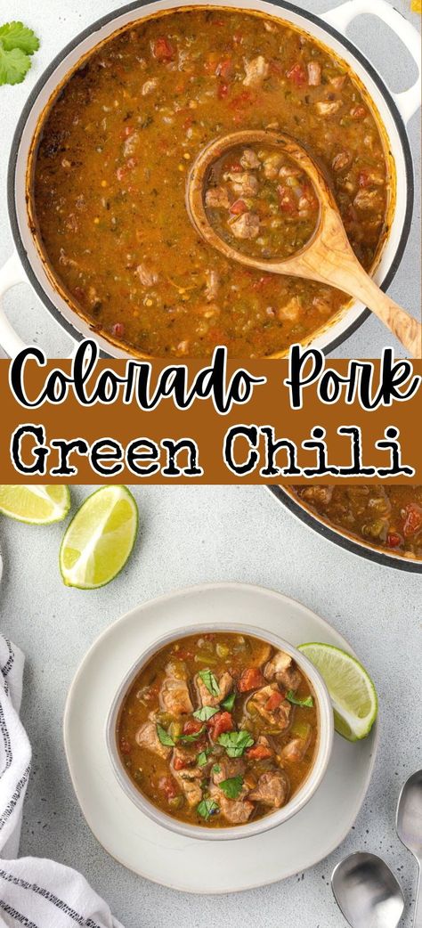 Colorado Pork Green Chili is one of the best forms of comfort food! This flavorful dish features tender chunks of pork simmered with spicy peppers to create a delicious and hearty stew. It is the perfect recipe to enjoy on a chilly winter evening or any time you crave a comforting bowl of stew! Pork Green Chili Sauce Recipe, Colorado Green Chili Stew, Colorado Green Chili Pork, Authentic Green Chili Recipes, Pork Belly Chili Recipe, Pork Green Chili Stew With Potatoes, Green Chili Stew With Pinto Beans, Best Pork Green Chili Recipe, Easy Pork Green Chili Recipe