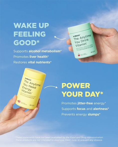 Made for important life moments 🤝 Vitamins with benefits you’ll feel⁠ ⁠ So, what exactly do our vitamins do? ⁠ ⁠ 🍷 Support your alcohol metabolism, liver health, and replenish vital nutrients with The Anytime You Drink Vitamin®⁠ ⁠ ☀️ And power your day with jitter-free energy, enhanced focus, and beat those energy slumps with The Anytime You Need Energy Vitamin™⁠ ⁠ Chewable and effective Vitamins you need. Pick up yours at h-proof.com 🔗 ⁠ #hproof #vitamins Health Product Ads, Medicine Ads Creative, Supplement Content Ideas, Health Creative Ads, Vitamin Ads, Supplement Photography, Microbiome Recipes, Vitamin Routine, Giveaway Design