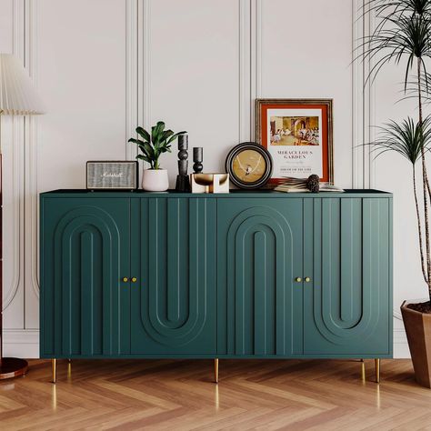 PRICES MAY VARY. Modern Sideboard: With fully concealed hinges to maintain its minimalist look and four doors designed with an exquisite unique relief pattern, this 60" green buffet cabinet has a modern aesthetic and is the perfect addition to high-end home decor; It can be used as a credenza in the dining room, a TV stand or decorative accent cabinet in the living room, an entryway table with storage, or as a display cabinet in the office; Dimensions: 59.8" (L) x 15.7" (W) x 33.7" (H) Built to Dining Room Storage Credenza, Console Cabinet With Drawers, Tv Stand Display Cabinet, Mid Century Modern Sideboard Overstock, Unique Sideboard Cabinet, Dining Room Buffet Table Overstock, Oval Console Cabinet, Dining Room Sideboard Overstock, Sideboard For Living Room Tv