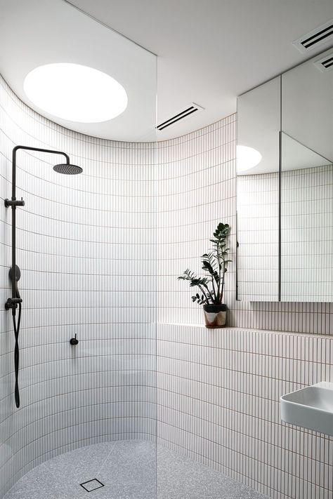 round wall in the shower with finger tiles and a skylight ] Curved Tiled Shower Wall, Curved Wall Shower Ideas, Rounded Walls Interior, Modern Beach House Bathrooms, Round Shower Ideas, Curved Bathroom Wall, Curved Tile Wall, Bathroom Archway, Curved Wall Bathroom