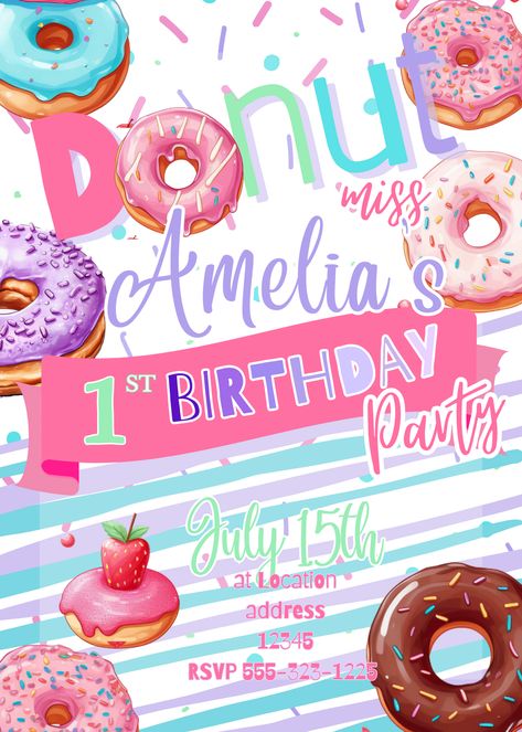 Celebrate the birthday with this vibrant and fun Donut Miss The Birthday Party Invitation Template. Donut Grow Up Birthday Party, Pink Girl Birthday Party, Pink Doughnut, Up Birthday Party, Donut Themed Birthday Party, 1st Birthday Party For Girls, Birthday Donuts, Donut Birthday Parties, Girl Birthday Party Invitations