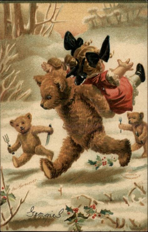 teddy bears on the run-this is terrifying! Are they going to eat the doll-it looks like they are! Large Teddy Bear, Ghost Of Christmas Past, Antique Teddy Bears, Christmas Past, Victorian Christmas, Christmas Postcard, Vintage Christmas Cards, Christmas Illustration, Weird And Wonderful