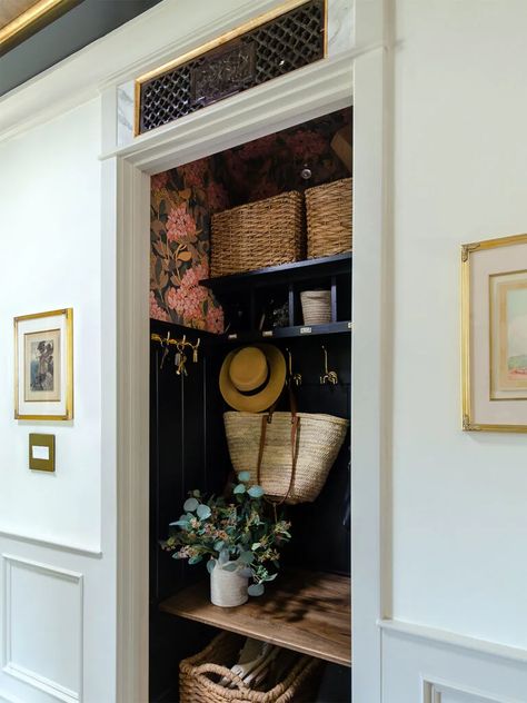 Downstairs Cupboard Ideas, Boho Home Organization, Hallway Cupboard Ideas, Coat Storage Entryway, Vestibule Ideas Entryway, Closet Mudroom Entryway, Mud Closet, Cedar Farmhouse, 1925 Bungalow