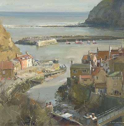 Winter from the Nab, Staithes, David Curtis David Curtis, Virtual Art, Cityscape Painting, Art Academy, Impressionist Art, Painting Landscape, Plein Air Paintings, British Isles, Seascape Paintings