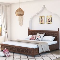 Newari Rustic Solid Wood Traditional Hand-Carved Platform Bed Hand Carved Headboard, Tall Bed Frame, Carved Headboard, King Size Platform Bed, Wood Bed Design, Dresser Cabinet, White Bed Frame, Wood Platform Bed Frame, Full Size Platform Bed