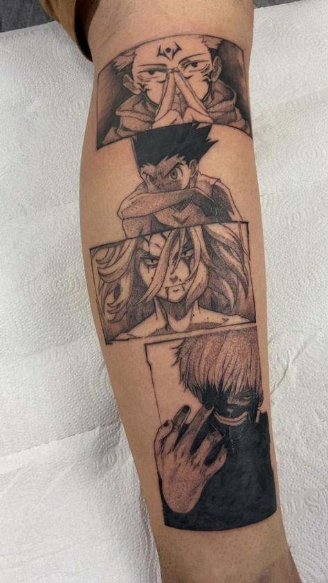 Manga Strip Tattoo, Manga Panel Tattoo Sleeve, Naruto Belly Tattoo, Anime Patchwork Tattoo Sleeve, Comic Panel Tattoo, Anime Thigh Tattoo, Anime Leg Sleeve Tattoo, Anime Panel Tattoo, Anime Tattoo Ideas Manga