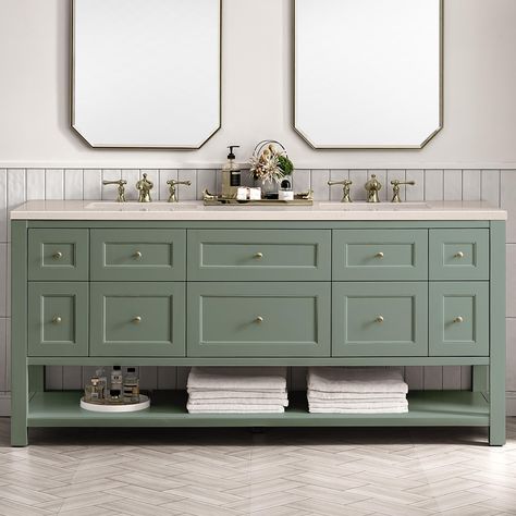 The 72" Breckenridge vanity in Smokey celadon brings a fresh new style with classic features to your bathroom. This muted, yet moody, shade of green is neutral yet still makes a statement. A range of six uniquely scaled drawers and a removable Bamboo organizer tray provide generous and convenient storage. Two faux-drawer style doors open up to adjustable height shelving and a dual-power USB outlet. The integrated lower shelf provides extra storage and completes the look of the cabinet. | James Martin Breckenridge 72" Double Bathroom Vanity in Smokey Celadon with 3 cm Eternal Marfil Quartz Top and Rectangular Sinks | Wood Bamboo Organizer, Shoe Storage Furniture, Small Dishwasher, Computers Tablets And Accessories, Cabinet Bathroom, Usb Outlet, James Martin, Double Bathroom, Kitchen Views