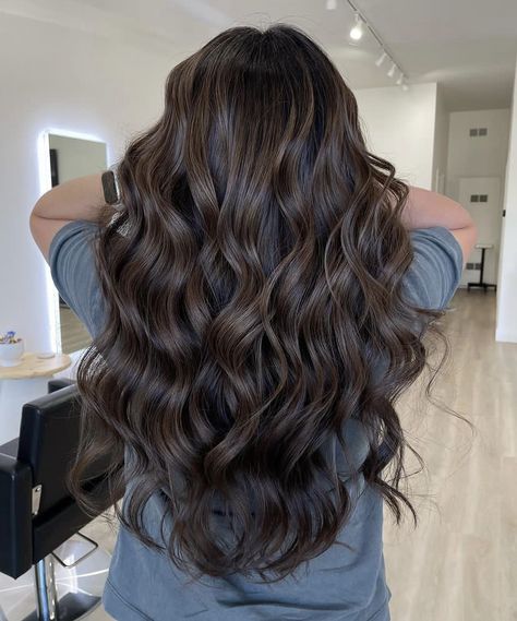 Dark Brunette Hair Transformation, Brown Hair With Chestnut Balayage, Burnett Winter Hair, All Dark Brown Hair, Plain Brunette Hair, Dark Brown Hair With Lowlights Balayage, Curled Dark Hair, Dark Low Lights On Brown Hair, Dark Brown Long Hair With Highlights