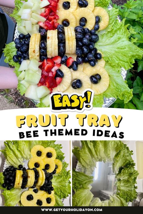 Decorate the dessert table with garden party ideas from Getyourholidayon.com. Turn a fruit tray platter into an insect like a fruit bee. Kids and adults will love picking fruits off this platter. It is such an easy fruit dish and can also be used for a bee themed baby shower. The lil' babee and it's parents will have a lasting memory worth a million for this tasty fruit salad. A delicious recipe that won't even need time to cook. Bee Fruit Tray, Bee Baby Shower Food, Baby Shower Fruit Tray, Baby Shower Party Food, Wedding Shower Food, Bee Food, Garden Party Ideas, Baby Shower Fruit, Fruit Platters