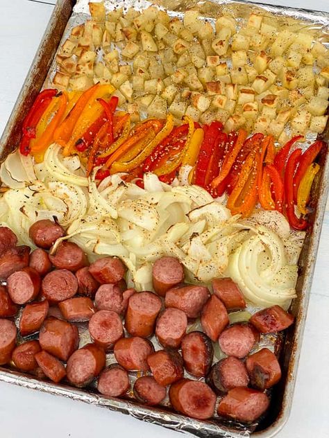 Sheet Pan Sausage, Peppers, Onions, and Potatoes - Plowing Through Life Sheet Pan Potatoes And Peppers, Sheetpan Sausage Peppers And Onions, Kielbasa Potatoes Peppers Onions Sheet Pan, Sheet Pan Sausage Peppers And Potatoes, Pepper Onion Sausage, Sausage And Peppers Freezer Meal, Sausage Potato Onion Sheet Pan, Sheet Pan Peppers And Onions, One Pan Sausage And Potatoes