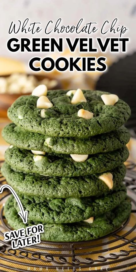 These delicious white chocolate chip green velvet cookies are unique and tasty! These cookies are perfect for a get together or even a birthday party! Try out these cookies for yourself! You won't regret it! Cookies With White Chocolate Chips, Cookies With White Chocolate, Velvet Cookies, Cookie Recipes Unique, White Chocolate Chip, White Cookie, White Chocolate Chip Cookies, Unique Cookies, Healthy Cookie Recipes