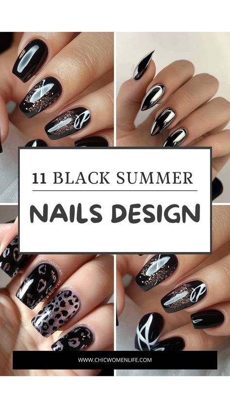 10 black summer nails design Black Nails With Bling, Black Summer Nails, Nails With Bling, White Summer Nails, Black And White Nail Designs, August Nails, Summer Nails Beach, Blue Nail Designs, White Nail Designs