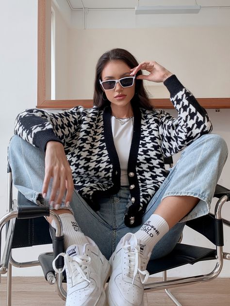 Black and White Casual  Long Sleeve Polyester Houndstooth Cardigan  Non-Stretch Spring/Fall Women Knitwear