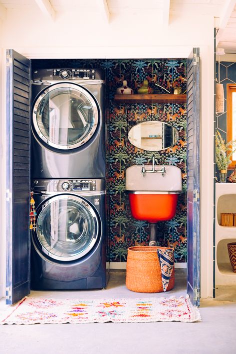 Cornish House, Justina Blakeney, Laundry Room Inspiration, Laundry Closet, Garage Conversion, Bold Wallpaper, Laundry Mud Room, Laundry Room Design, Washer And Dryer