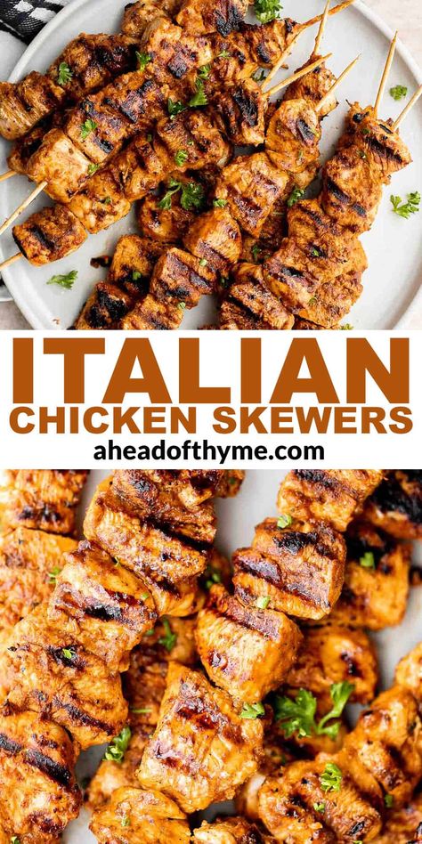 Mini Chicken Kabobs Appetizers, Chicken Skewer Appetizer Recipes, Chicken Skewer Marinade Recipes, Italian Chicken Kabobs, Chicken Skewers On The Grill, Easy Chicken Skewers Grilled, Best Chicken Skewers, Italian Chicken For A Crowd, Italian Chicken Appetizers