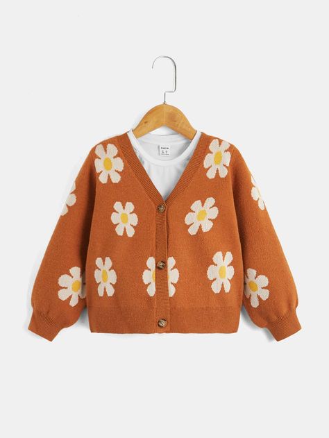 Orange Casual Collar Long Sleeve Fabric Floral  Embellished Slight Stretch  Toddler Girls Clothing Orange Flower Sweater, Toddler Girl Cardigan, Carol G, Floral Coat, Pattern Cardigan, Orange Outfit, Girls Cardigan, Patterned Cardigans, Fabric Floral