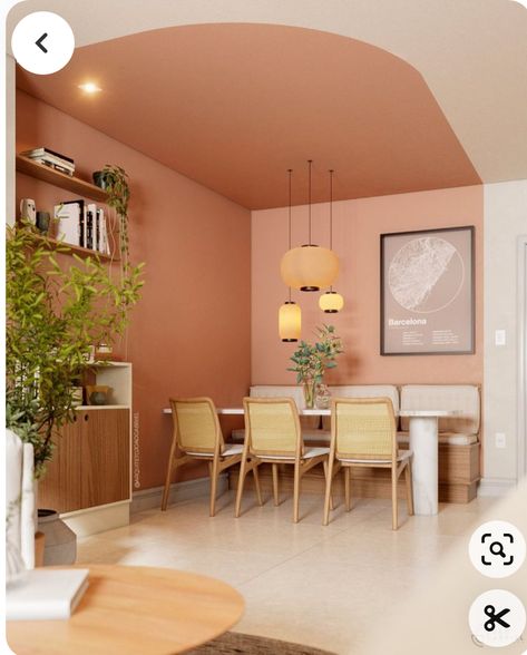 Terracotta Walls Dining Room, Peach Colored Walls, Light Dining Room Paint Colors, Council House Bedroom Ideas, Zoning With Paint, Pink Dining Room Walls, Peach Fuzz Interior Design, Peach Kitchen Walls, Peach Room Aesthetic