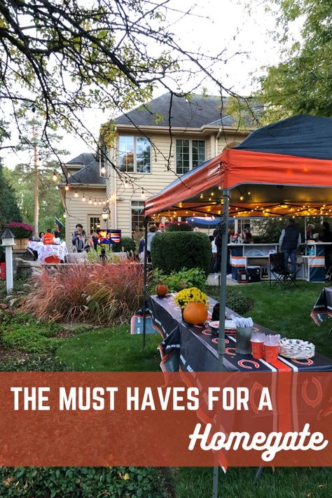 How to throw a tailgate at home this fall when going to the stadium isn't an option! #TailgaterConcierge #Tailgate #Homegate #TailgateIdeas #HomegateIdeas #Tailgateathome #Football #Collegefootball #NFL #Gamewatch #Tailgatefoodideas Tailgate Display Ideas, Football And Fall Decorations, Outdoor Football Watch Party, How To Host A Tailgate Party, 50th Birthday Tailgate Party, At Home Tailgate Party, Backyard Football Watch Party, Christmas Tailgate Party, Tailgate Birthday Party Ideas Kids