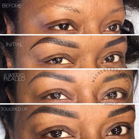 A good example of the healing stages of the ombré brow PMU process clients go through from their initial service to touch up. #microbladingeyebrows #microbladingaftercare #microblading Ombre Eyebrows Healing Process, Microshading Eyebrows Healing Process, Ombre Powder Brows Healing Process, Microblading Eyebrows Black Women, Ombre Brows Healing Process, Ombre Brows Before And After, Ombre Eyebrows Permanent, Powder Brows Healing Process, Microblading Healing Stages