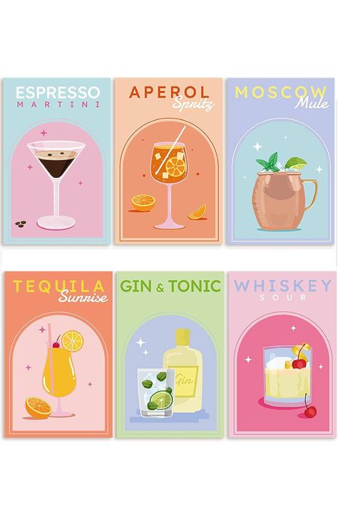 Image of a set of 6 unframed cocktail prints featuring vibrant Aperol Spritz drink posters. Perfect for dorm room wall decor and preppy bedroom aesthetics. Size 11x17 Posters For Dorm Room, Posters For Dorm, Drink Posters, Spritz Drink, Cocktail Posters, Cocktail Prints, Dorm Room Wall Decor, Preppy Wall Art, Cocktail Illustration