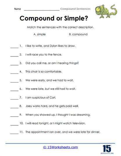 Compound Sentences #1 Worksheet - 15 Worksheets.com Simple Compound Sentences, Simple And Compound Sentences Worksheets, Compound Sentences Worksheets, Simple Sentences Worksheet, B Worksheet, Compound Sentence, Sentence Worksheet, Simple And Compound Sentences, Complex Sentences Worksheets